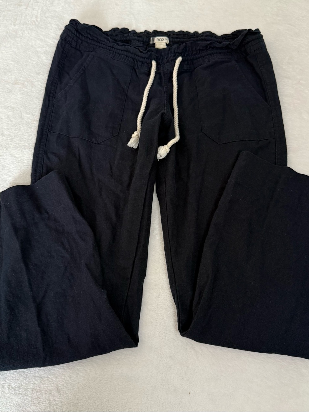 Roxy Women’s Small Linen Blend Straight Leg Pants Black Drawstring Beach Casual